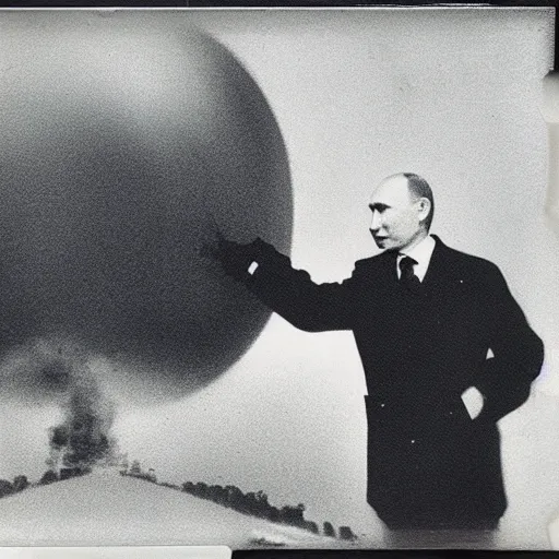 Image similar to Vladimir putin looking at an atomic bomb. polaroid. bleak.