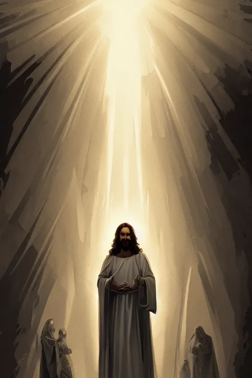 Prompt: a second coming of jesus christ, grim - lighting, high - contrast, intricate, elegant, highly detailed, digital painting, artstation, concept art, smooth, sharp focus, illustration