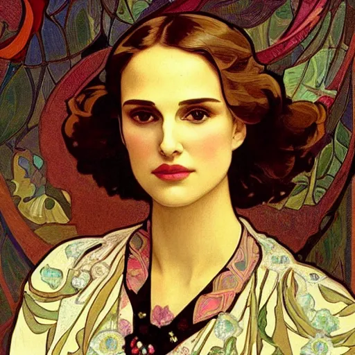 Image similar to a closeup portrait of a young natalie portman, art nouveau, jugendstil, decorative background, spirals, painted by alphonse mucha