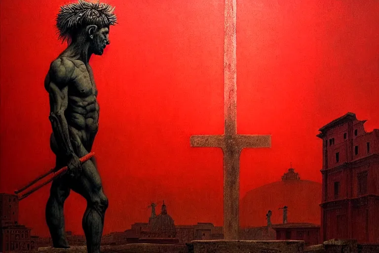 Image similar to only with red, caesar after war, a red tiger, in hoc signo vinces, rome in background, an ancient path, in the style of beksinski, part by hopper, part by rodcenko, part by hofbauer, intricate composition, red by caravaggio, insanely quality, highly detailed, masterpiece, red light, artstation