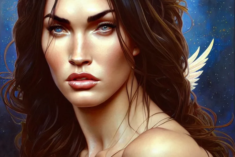 Prompt: portrait of megan fox as an angel, wings, intricate, headshot, highly detailed, digital painting, artstation, concept art, sharp focus, cinematic lighting, illustration, art by artgerm and greg rutkowski, alphonse mucha, cgsociety