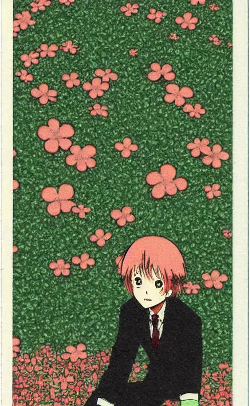 Image similar to by akio watanabe, manga art, just a clover trasported by the wind, trading card front