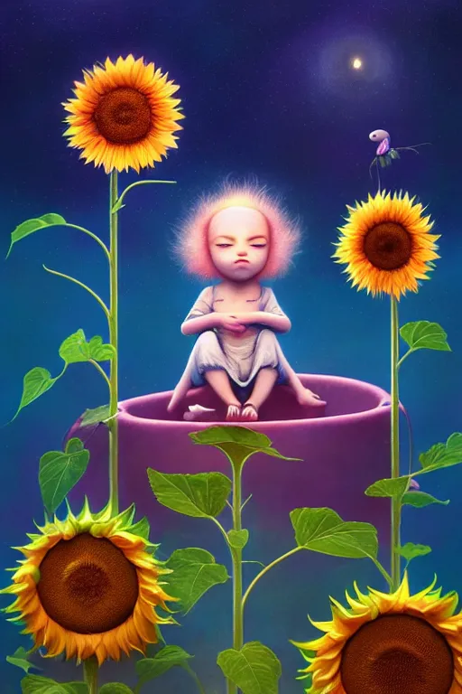 Prompt: a surreal Bioluminescent, very very very cute sunflower in a happy world by Daniel Merriam, Trending on Artstation, oil on Canvas by Elena Zhurikhina and Goro Fujita and Charlie Bowater, octane render, 4k, 8k, HD