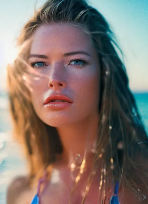 Prompt: A hyper realistic and detailed head portrait photography of Rebecca Romijn, swimsuit model on a beach. by Cameron Hammond. vaporwave style. blue hour. KODAK EKTAR 100. Lens flare. Summilux 50mm