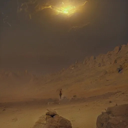 Image similar to an oil painting of a dry and cracked desert on an alien planet with an electrical storm above by carl spitzweg tuomas korpi and greg rutkowski