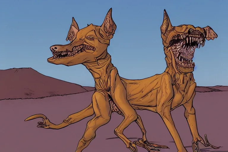 Image similar to monstrous xoloitzcuintli dog in the atacama desert at dusk, hungry and drooling, cracking bones, futuristic comic book by moebius