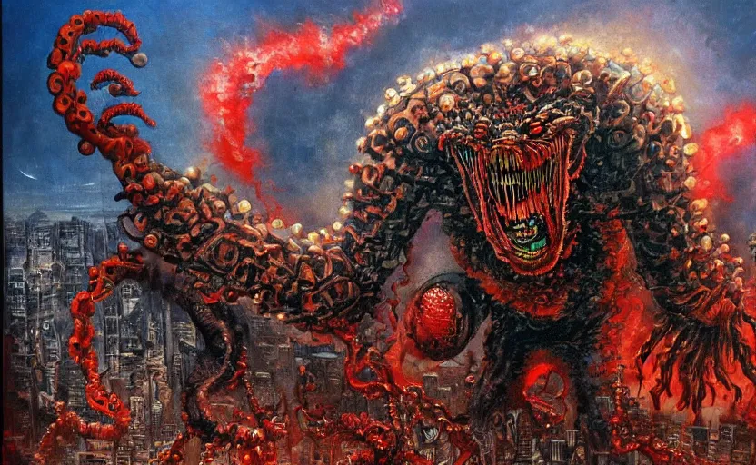 Prompt: an oil painting of atompunk red alert monster that consumes new york city in style of lovecraftian horror by simon bisley