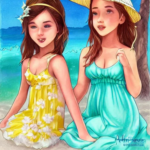 Prompt: two beautiful princesses in sundresses on the beach drawn by artgerm
