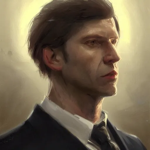 Image similar to Portrait of a man by Greg Rutkowski, he is about 40 years old, mixture between russian and irish, coiffed brown hair, attractive, extremely pale white skin, smart looking, he is wearing a black futuristic lawyer outfit, highly detailed portrait, scifi, digital painting, artstation, concept art, smooth, sharp foccus ilustration, Artstation HQ