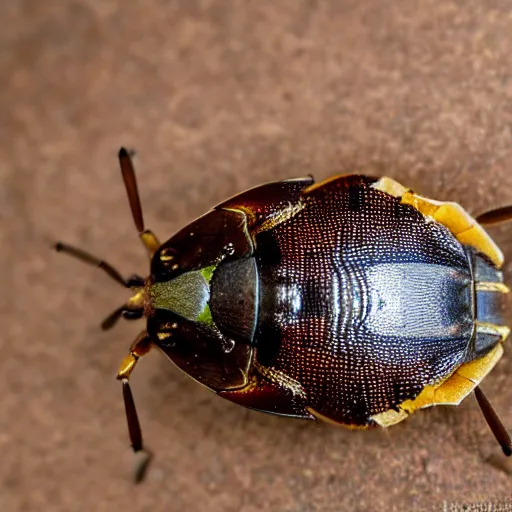 Image similar to a giant brown marmorated stink bug on a bed in a hotel room, bug, beetle, hotel, bed, pentatomidae, halyomorpha halys, canon eos r 3, f / 1. 4, iso 2 0 0, 1 / 1 6 0 s, 8 k, raw, unedited, symmetrical balance, wide angle