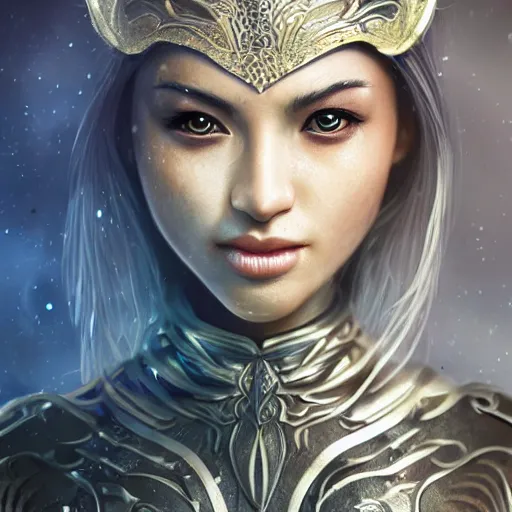 Image similar to A head and shoulders portrait of a mystical female warrior in shiny armorm in an enchanted zen garden, by Artgerm, sci-fi, fantasy, intricate, very very beautiful, elegant, highly detailed, digital painting, artstation, concept art, smooth, sharp focus, Cinematic Lighting, Unreal Engine, 8k, HD