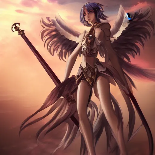 Image similar to epic anime concept art. Seraphim angel girl holding a giant holy halberd, wearing shining armor at sunrise. ArtStation, Pixiv