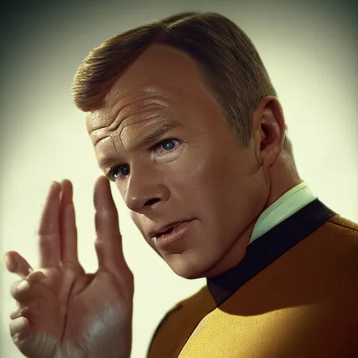 Prompt: photograph of captain j. kirk from star trek in absolute disbelief, shocked, mouth wide open, hands against his face. sharp photograph, sharp focus, highly detailed,, detailed face!!, ultra realism, dramatic lighting, zeiss lens, canon eos, detailed skin, dynamic pose, 8 k resolution, hyperrealism, portrait photography