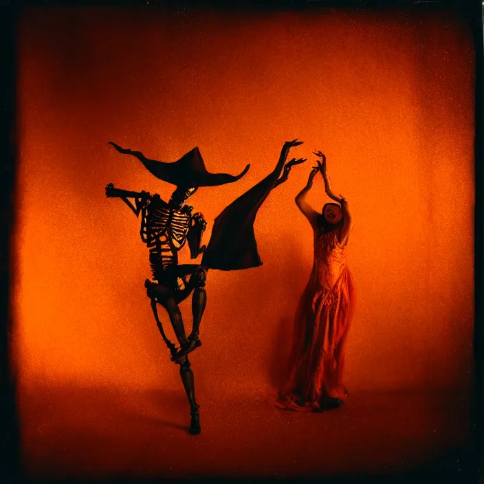 Image similar to kodak portra 4 0 0, wetplate, motion blur, portrait photo of a backdrop, skelleton dance, golden 1 9 2 0 s, coloured in orange fire, sparkling, by georges melies and by britt marling, muted colours