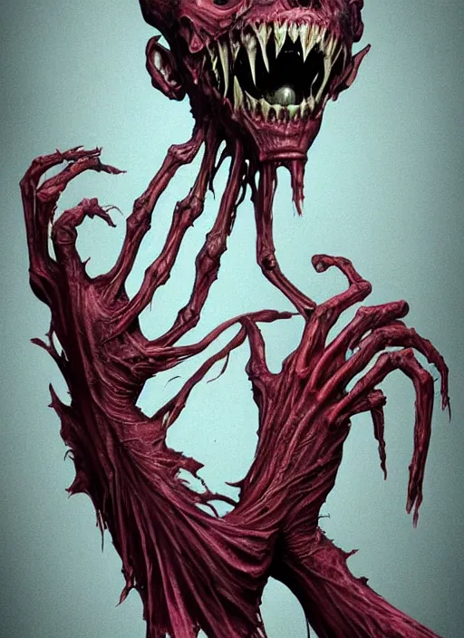 Image similar to creepy pale moster with incredibly long fingers, very long arms, scary smile, translucent slimy skin, wet, veiny, dramatic lighting, highly stylized, trending on artstation