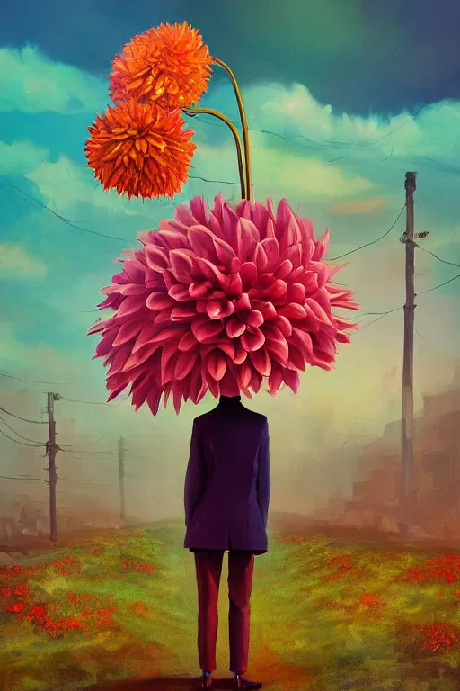 Image similar to giant dahlia flower head, frontal, girl in a suit, standing in street, surreal photography, sunrise, dramatic light, impressionist painting, digital painting, artstation, simon stalenhag