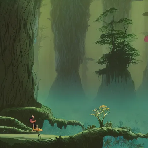 Prompt: character, fauna, flora, colored lithograph, storybook, trees, nausicaa, sea of corruption, toxic jungle, petrified forest, jim henson, eyvind earle, hayao miyazaki, cinematic, rule of thirds