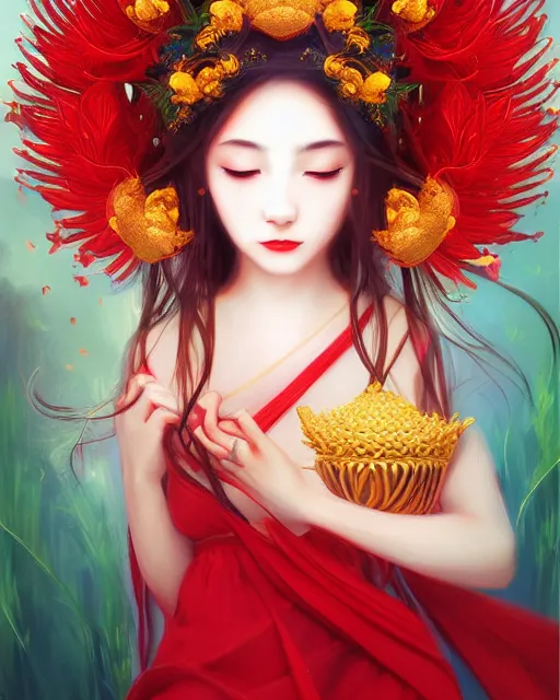 Prompt: the goddess of summer, with lotus on her head, red skirt, half - length head portrait, dreamy, beautiful, by wlop