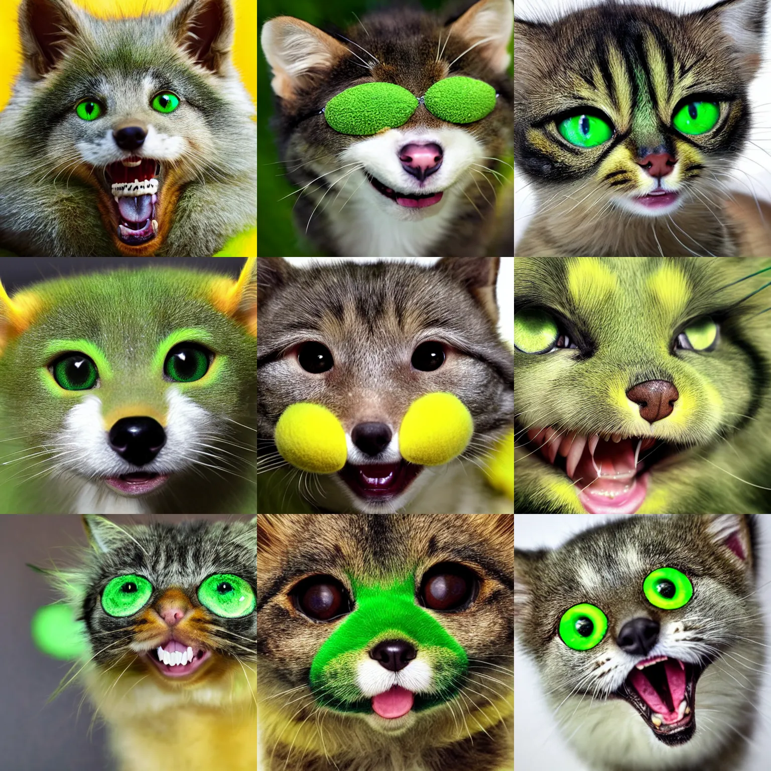 Prompt: adorable furry creature with big green eyes smiling, yellow big teeth