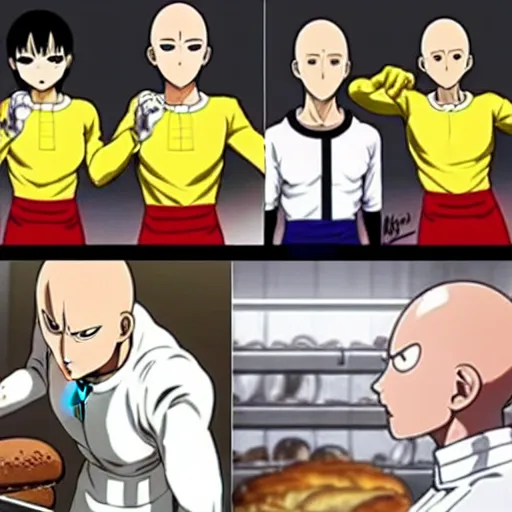 Prompt: saitama one punch man dressed as a baker, in a bakery kitchen, baking french baguette, one punch man instagram thirst trap photo shoot, perfect faces, clear focus
