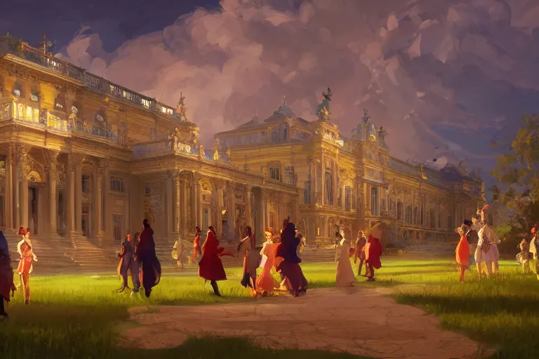 Prompt: an ornate baroque palace, party in front, scene in an open field. key visual, conceptart, ambient lighting, highly detailed, digital painting, artstation, concept art, sharp focus, by makoto shinkai and akihiko yoshida and greg manchess