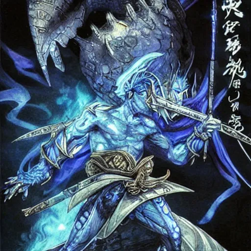 Image similar to a handsome magic swordsman with blue skin glides through a beautiful battlefield magic the gathering dramatic esoteric pen and ink illustrated in high detail by Yoshitaka Amano