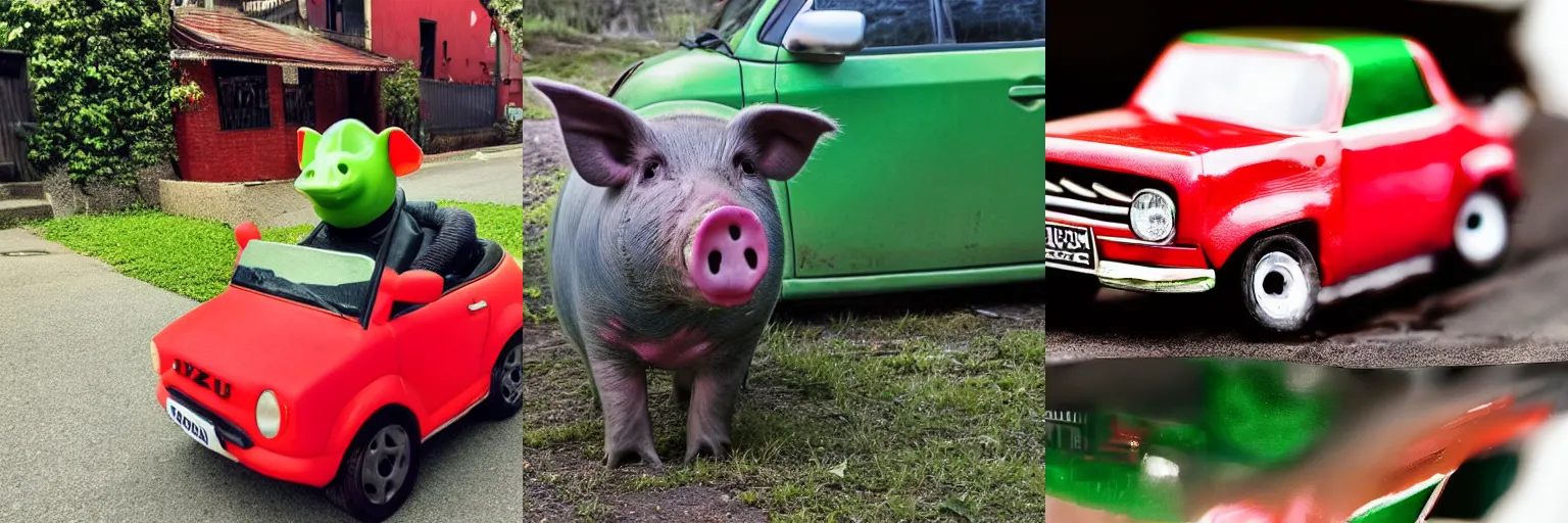 Prompt: a green pig sits in a red Suzuki car, award winning photo