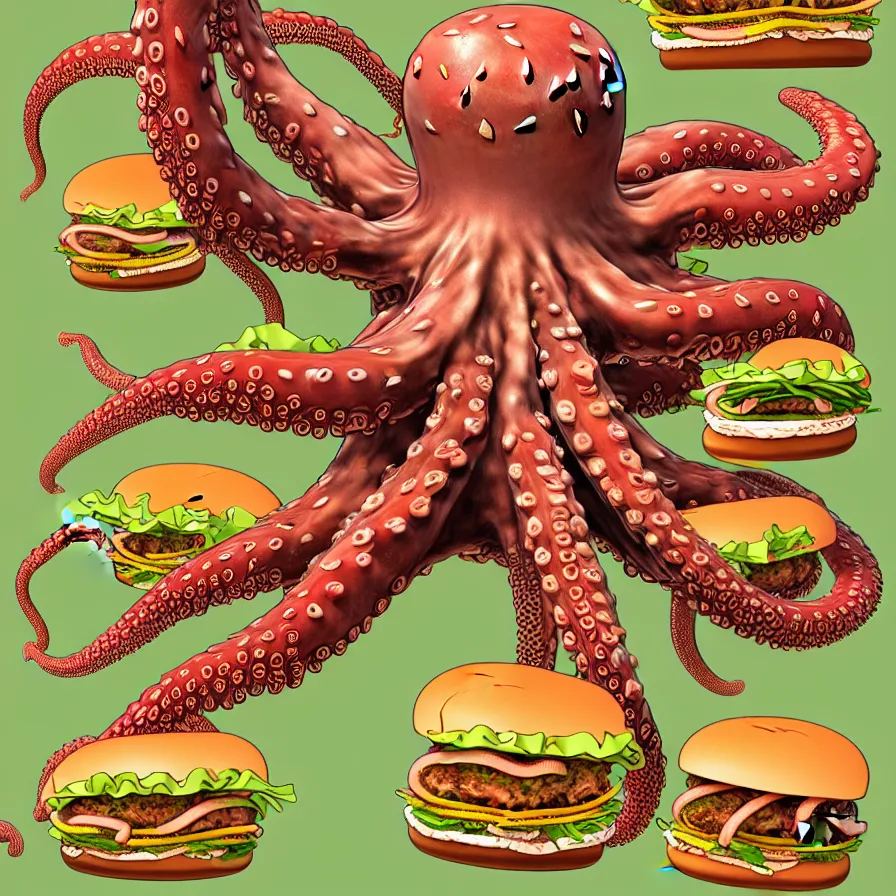 Prompt: ultra detailed anatomic illustration of a giant octopus holding many burgers, tentacles wrapped around burgers, artstation, 8 k