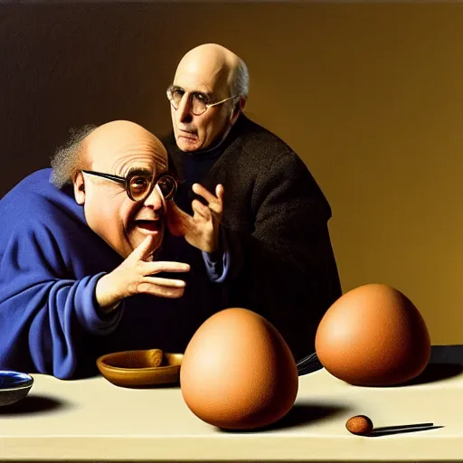 Image similar to danny devito and larry david fighting over a chair shaped like an egg, renaissance still life painting, masterpiece, realistic light and shadow, in the style of vermeer, highly detailed, photorealism