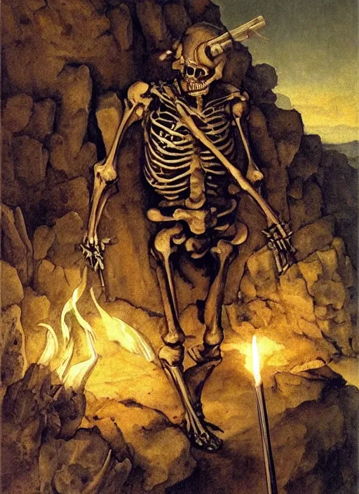 Prompt: skeleton warrior holding a sword in a cave lit by torches, oil painting by albrecht durer, trending on artstation