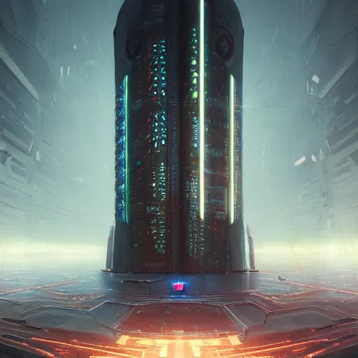 Image similar to professional painting of monumental conscious supercomputer with huge - cybernetic - face!!!! in the center of endless colossal server room talking with small people, trending on artstation, cyberpunk, sci - fi, futuristic, by greg rutkowski and maciej kuciara, high quality, perspective depth