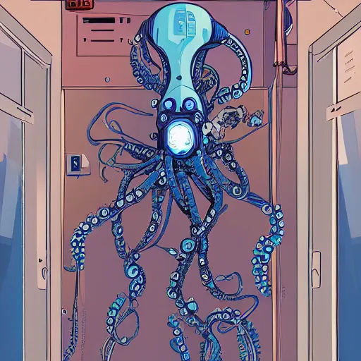 Prompt: robotic Octopus in an airlock, Industrial Scifi, detailed illustration, character portrait, by Martin Grip and Moebius