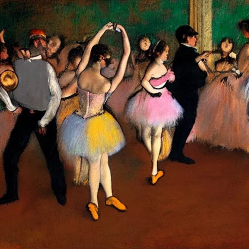 Image similar to latin dance band in the style of degas. lively. colorful. hd.