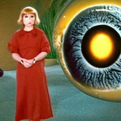 Prompt: middle-age woman enters an eyeball cult, 1977 live-action children's tv show, color