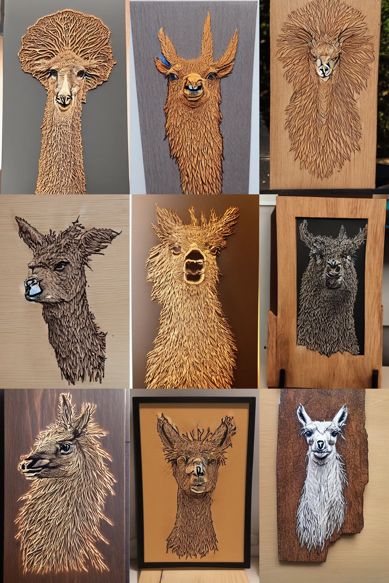 Image similar to fract wood burning lichtenberg figure llama portrait