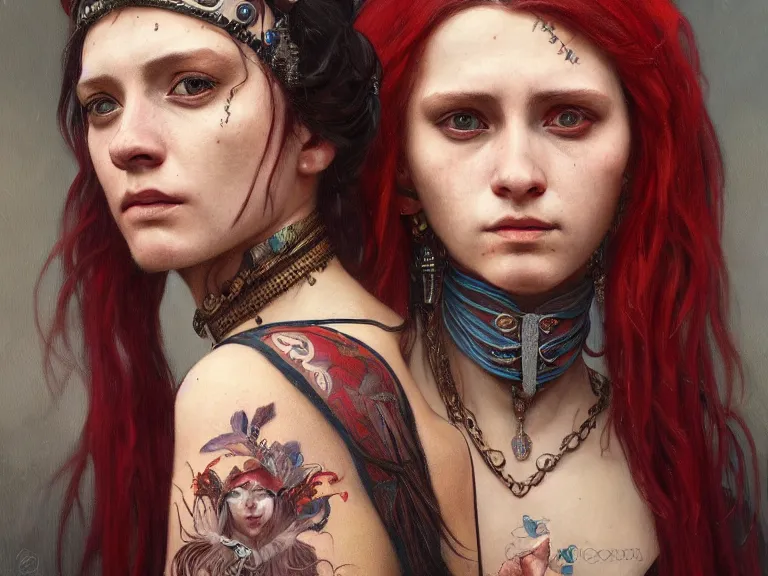 Image similar to a detailed portrait oil painting of a sad shaman girl with long red hair and face tattoos, cinematic, dramatic lighting, intricate artwork by caravaggio and greg rutkowski and alphonse mucha. Trending on artstation. 8k