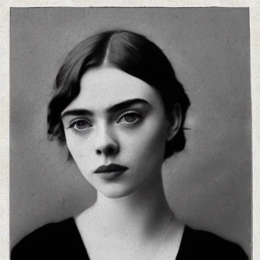 Prompt: headshot edwardian photograph of elle fanning, scarlett johansson, lily collins, 1 9 2 0 s film actress, realistic face, 1 9 1 0 s, grainy, victorian, detailed, soft blur