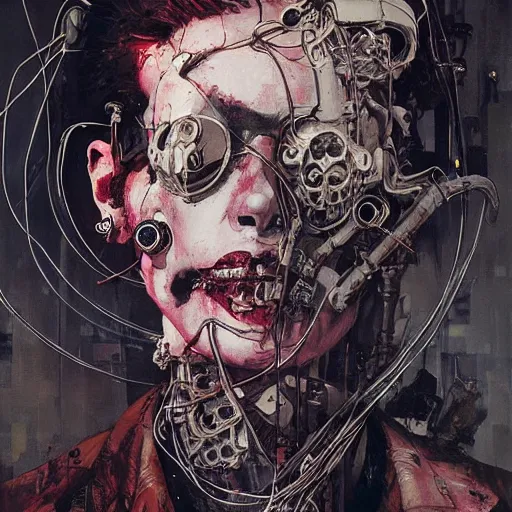 Prompt: a cyberpunk noir detective, skulls, wires cybernetic implants, machine noir grimcore, in the style of adrian ghenie esao andrews jenny saville surrealism dark art by james jean takato yamamoto and by ashley wood and mike mignola