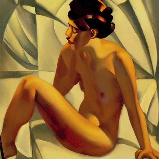 Image similar to painting of Scarlett Johansson bathing, style of Tamara de Lempicka