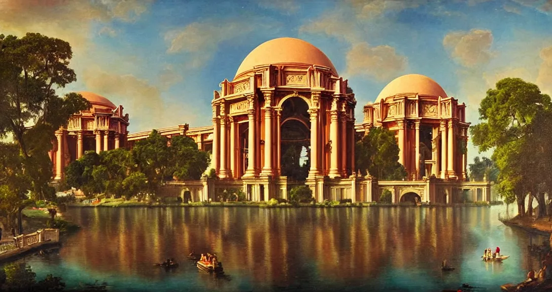 Image similar to the san francisco palace of fine arts during the intergalactic futuristic fair, romantic era painting, majestic