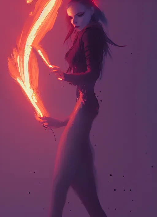Image similar to satan daughter, wearing, outfit, clothes, full body, fire, hell, lightning, pyromancer, intricate, elegant, highly detailed, digital painting, artstation, concept art, smooth, sharp focus, illustration, ethereal, misty, by ilya kuvshinov and jeremy mann, 8 k, octane render