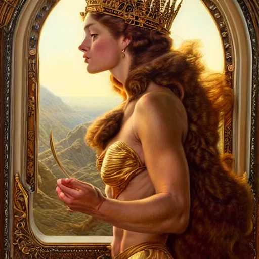 Image similar to highly detailed portrait of a majestic lioness queen in the form of a beautiful woman. d & d. art by donato giancola, gil elvgren, evelyn de morgan, bastien lecouffe - deharme. trending on artstation, intricate details, energetic composition, golden ratio, concept art, illustration, elegant art, global illuminaition