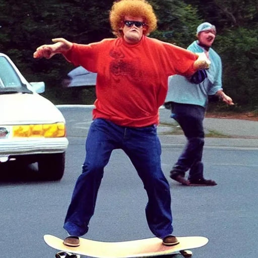 Prompt: Very cool photo of Channel 5's Dr. Steve Brule's cool uncle skateboarding.