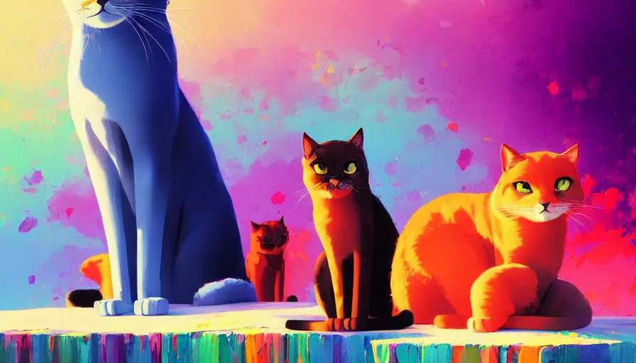 Prompt: contemporary semi abstract acrylic painting of really tall sitting cats by makoto shinkai, by greg rutkowski, by lisa frank, thick brush strokes and visible paint layers, multicolor color scheme