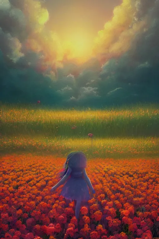 Image similar to giant flower head, girl walking in a flower field, surreal photography, sunrise, dramatic light, impressionist painting, colorful clouds, digital painting, artstation, simon stalenhag