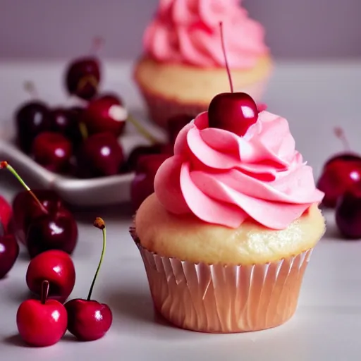 Prompt: close up photograph of a cute pink cupcake with cherry on top, 3 5 mm