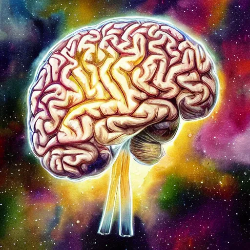 Prompt: brain floating in space. watercolor. dramatic. amazing painting. formal. beautiful. high resolution. highly realistic. close - up. trending on artstation