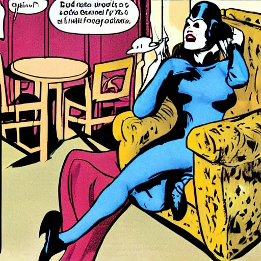 Prompt: comic-book panel of a woman laying back on a chaise lounge with cigarette in her hand while Rorschach from Watchmen asks her psychological questions