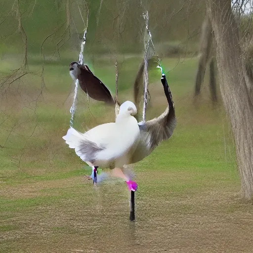 Image similar to a realistic photograph of a goose swinging on a swing, real life