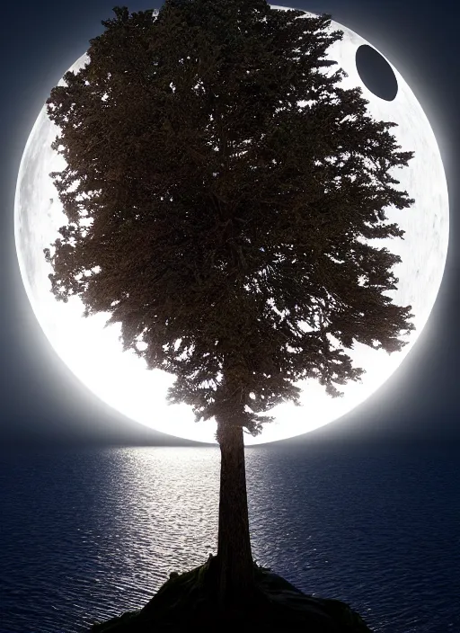 Image similar to a tree from which eyes hang instead of fruits, the tree is on top of a calm sea, in the background there is an eclipse that coincides with the tree. fantasy art, horror, nightmare, photo realistic, dynamic lighting, artstation, poster, volumetric lighting, very detailed faces, 4 k, award winning